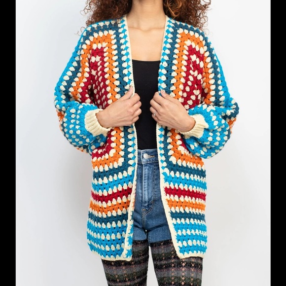 Fiesta Colorful Crocheted Granny Square Open Front Sweater Cardigan. M/L. NWT. - Picture 8 of 14